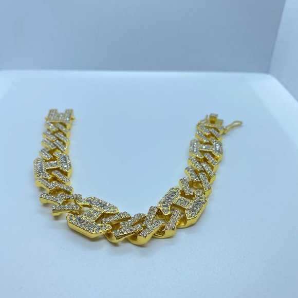 18K Plated Iced Out CZ Crystal Cuban Link Chain with Bracelet SET Gold - Picture 8 of 8